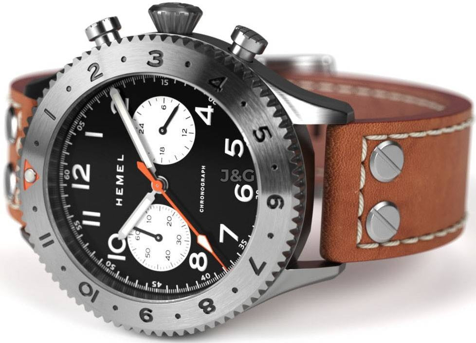 Hemel Reverse Panda Luminous hands Black Leather Male HF13.-.HW. A brand-new Hemel Reverse Panda watch featuring a Black dial and a Leather strap. Side view. - view 2