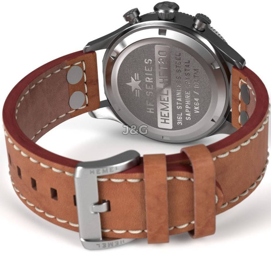 Hemel Reverse Panda Luminous hands Black Leather Male HF13.-.HW. A brand-new Hemel Reverse Panda watch featuring a Black dial and a Leather strap. Side view. - view 3