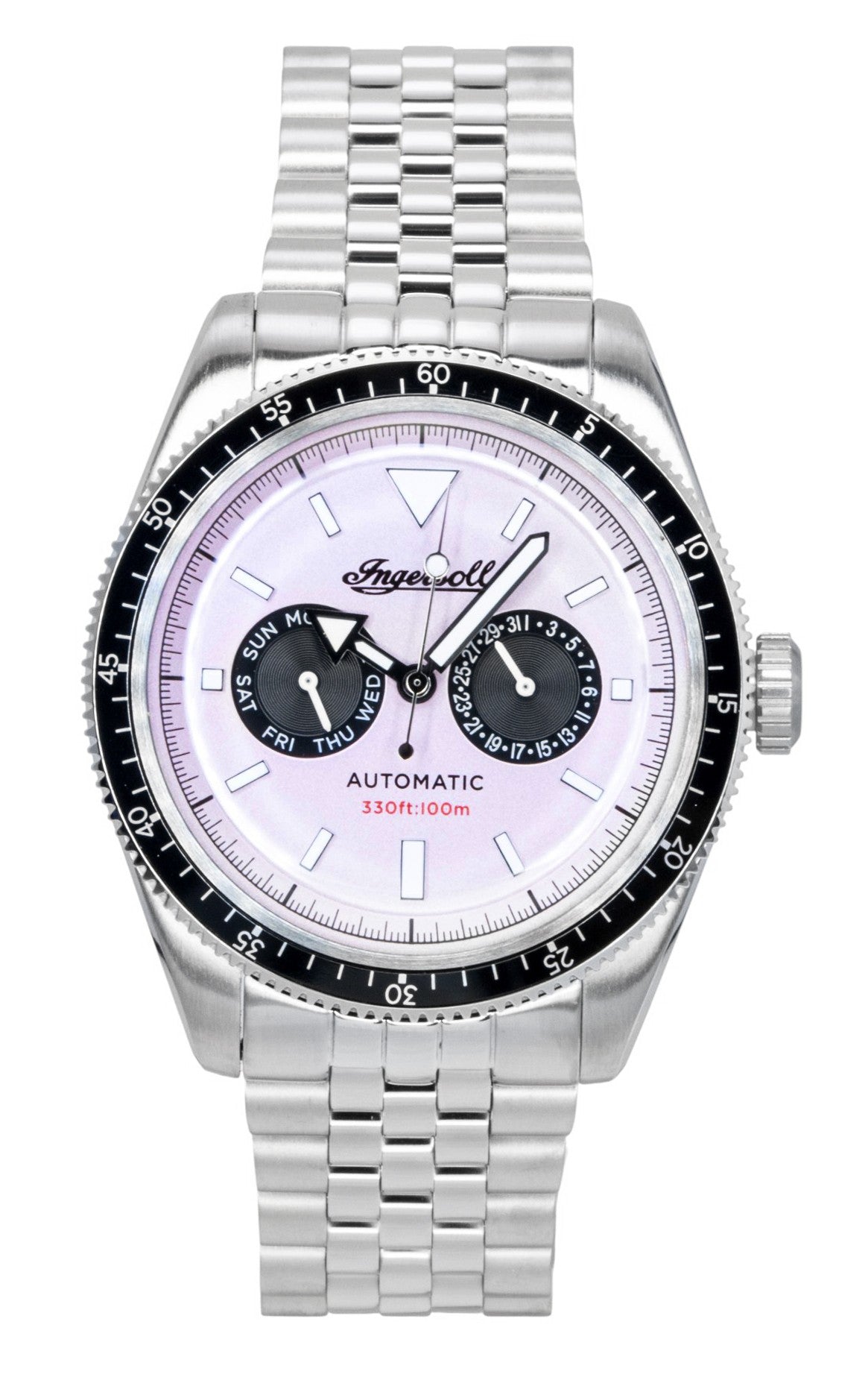 Ingersoll Outlaw Stainless Steel Pink Dial Automatic. A brand-new Ingersoll watch featuring a Pink dial and a Stainless steel strap. Front view.