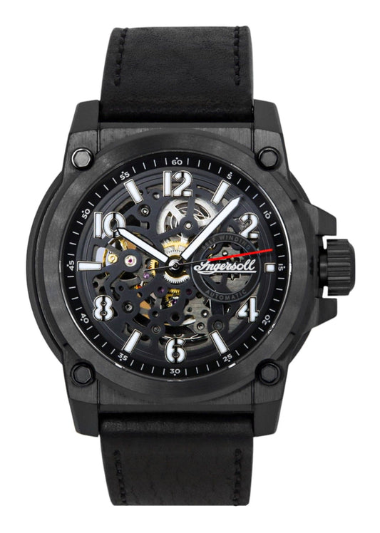 Ingersoll The Anvil Leather Strap Black Skeleton Dial. A brand-new Ingersoll The Anvil watch featuring a Black Skeleton dial and a Leather strap. Side view.
