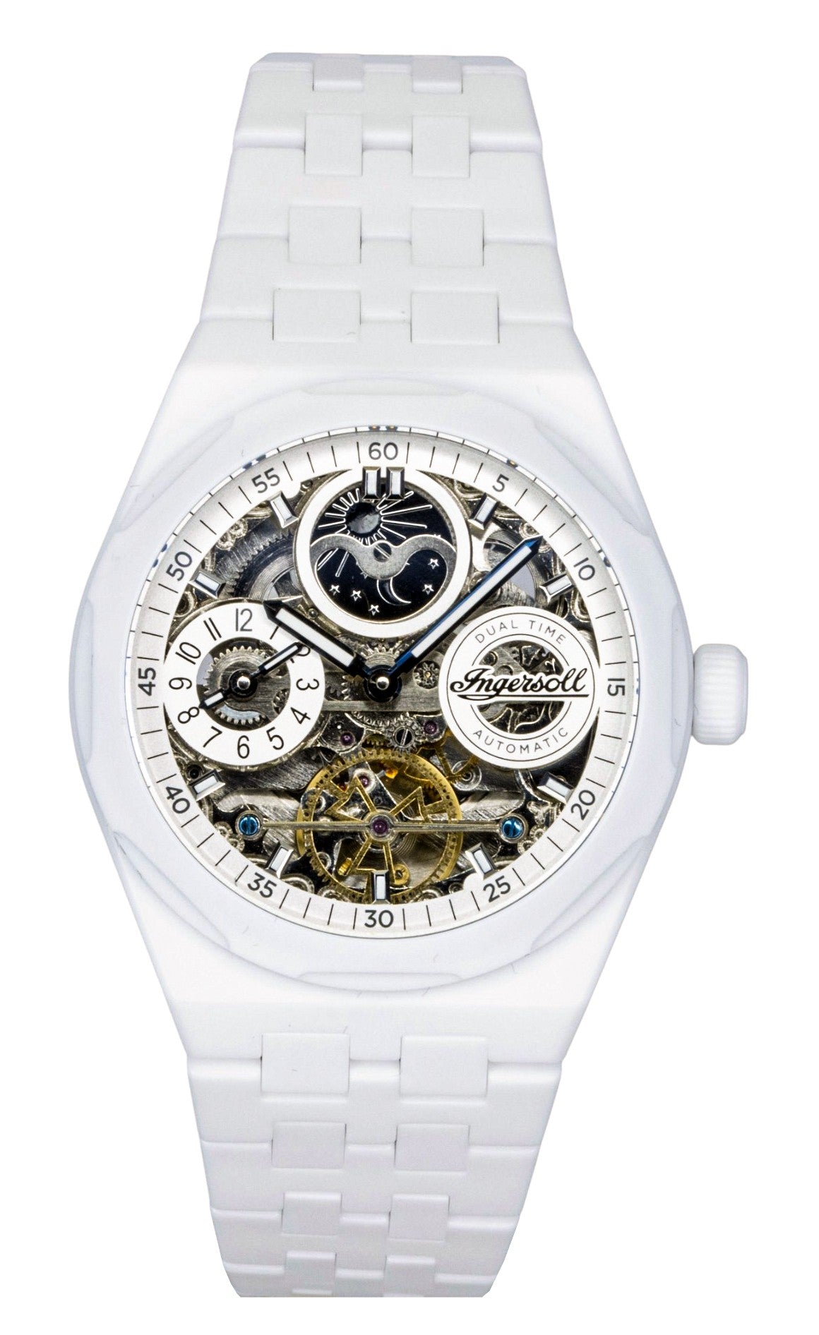 Ingersoll The Broadway Ceramic White Skeleton Dial Automatic. A brand-new Ingersoll The Broadway watch. Side view.
