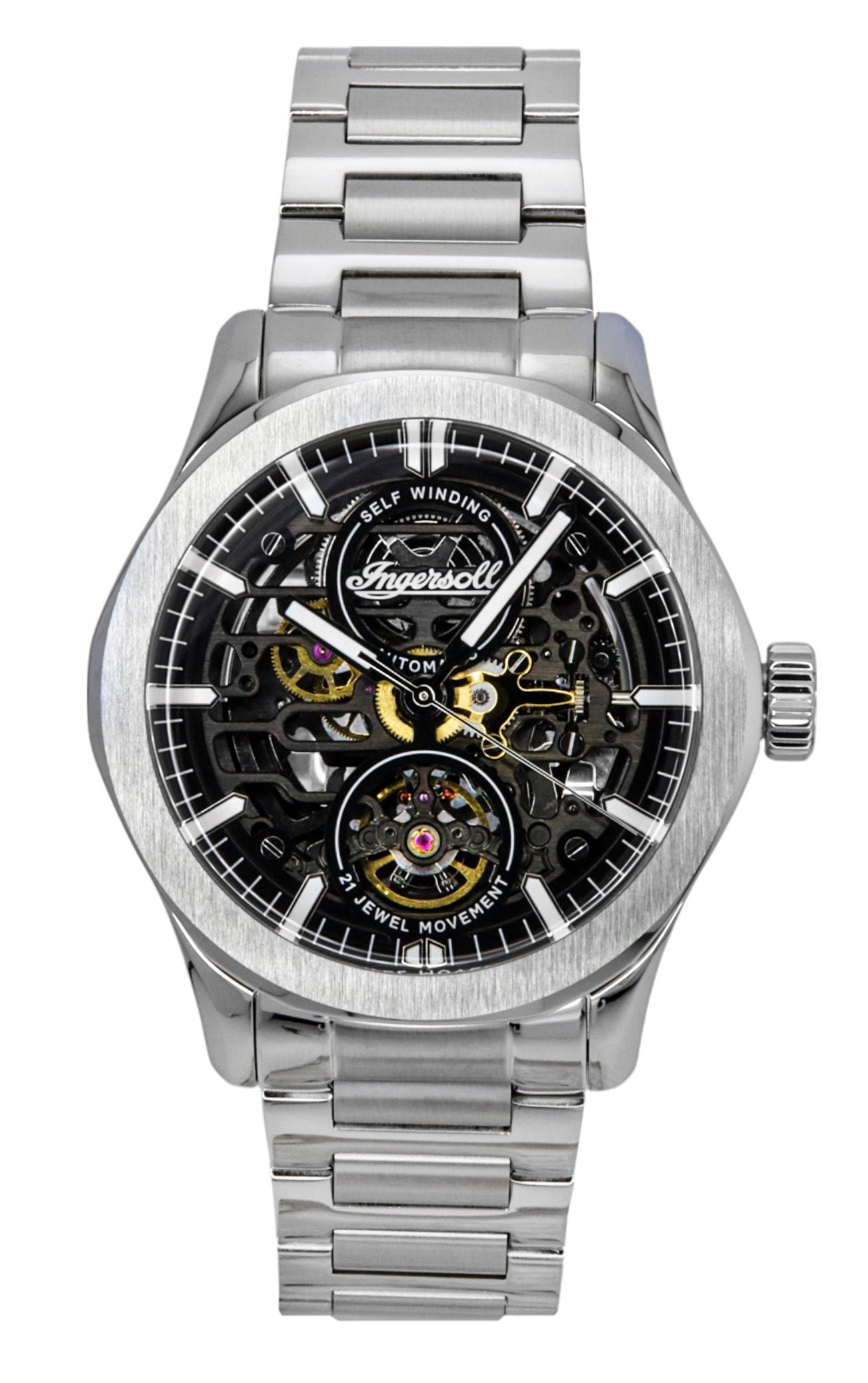 Ingersoll The Bronc Stainless Steel Black Skeleton Dial. A brand-new Ingersoll The Bronc watch featuring a Black Skeleton dial and a Stainless steel strap. Side view.