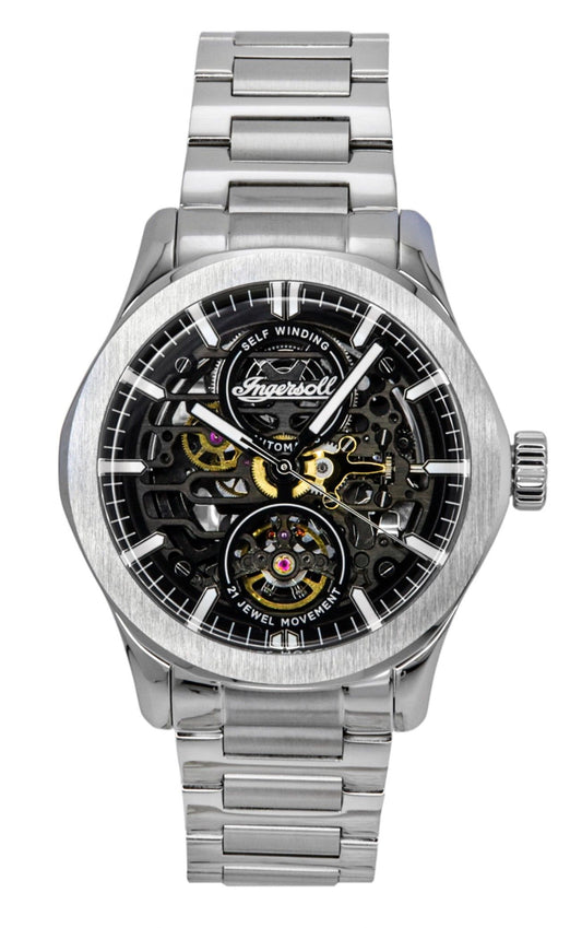 Ingersoll The Bronc Stainless Steel Black Skeleton Dial. A brand-new Ingersoll The Bronc watch featuring a Black Skeleton dial and a Stainless steel strap. Side view.