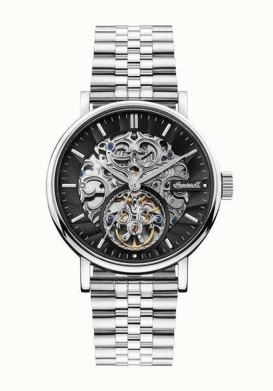 Ingersoll The Charles Stainless Steel Black Skeleton Dial. A brand-new Ingersoll watch featuring a Black Skeleton dial and a Stainless steel strap. Angled view.