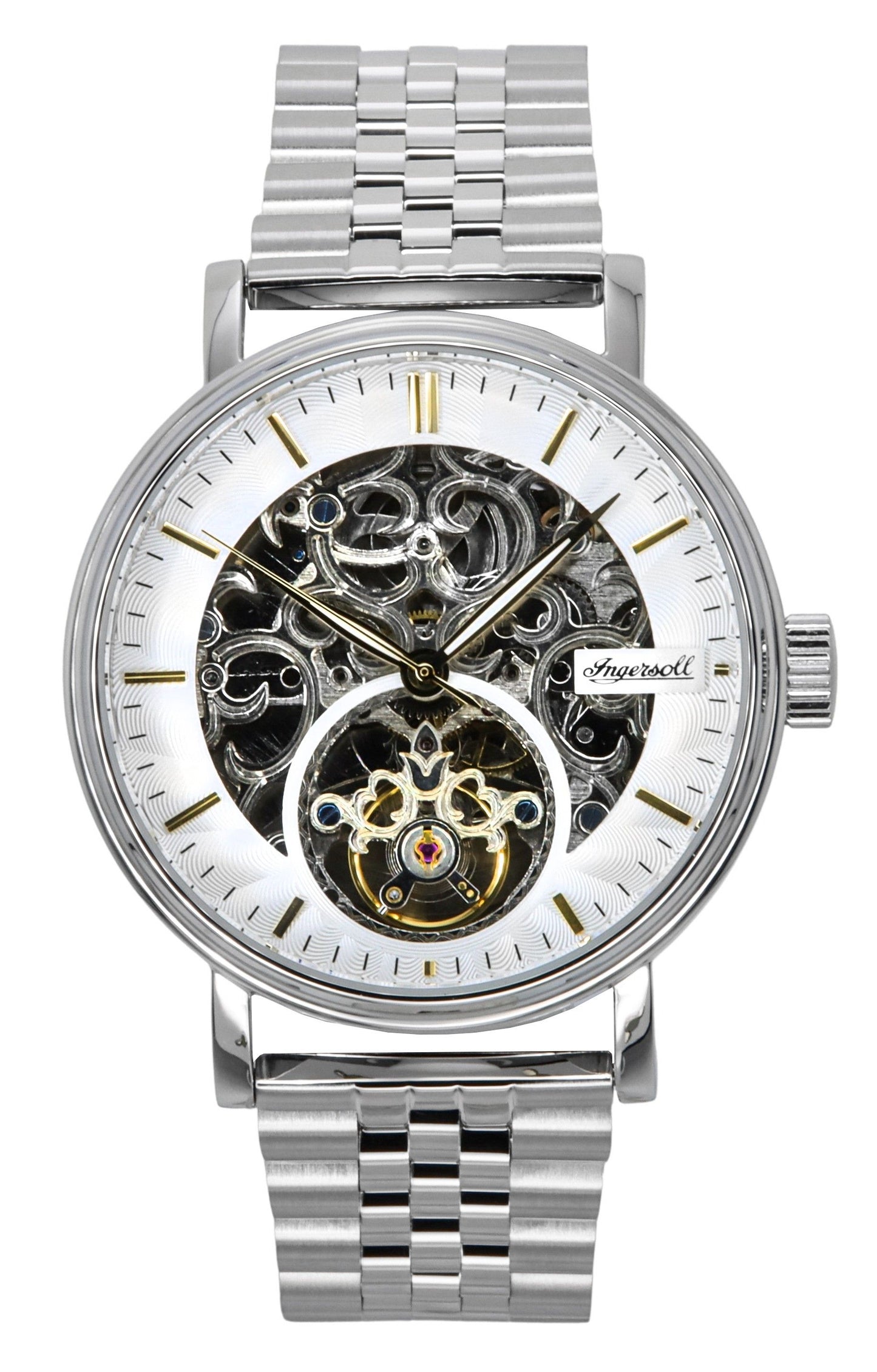 Ingersoll The Charles Stainless Steel Silver Skeleton Dial. A brand-new Ingersoll watch featuring a Silver Skeleton dial and a Stainless steel strap. Side view.