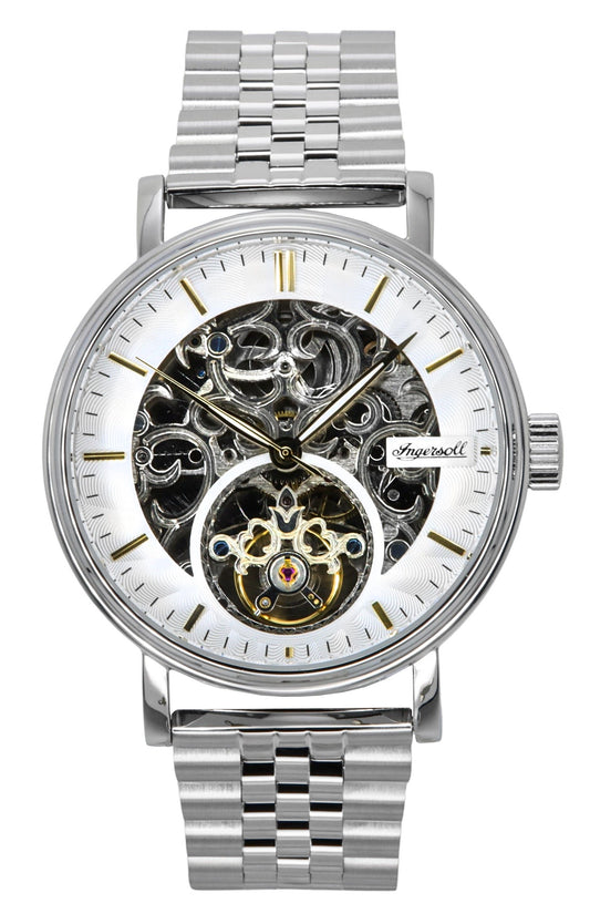 Ingersoll The Charles Stainless Steel Silver Skeleton Dial. A brand-new Ingersoll watch featuring a Silver Skeleton dial and a Stainless steel strap. Side view.