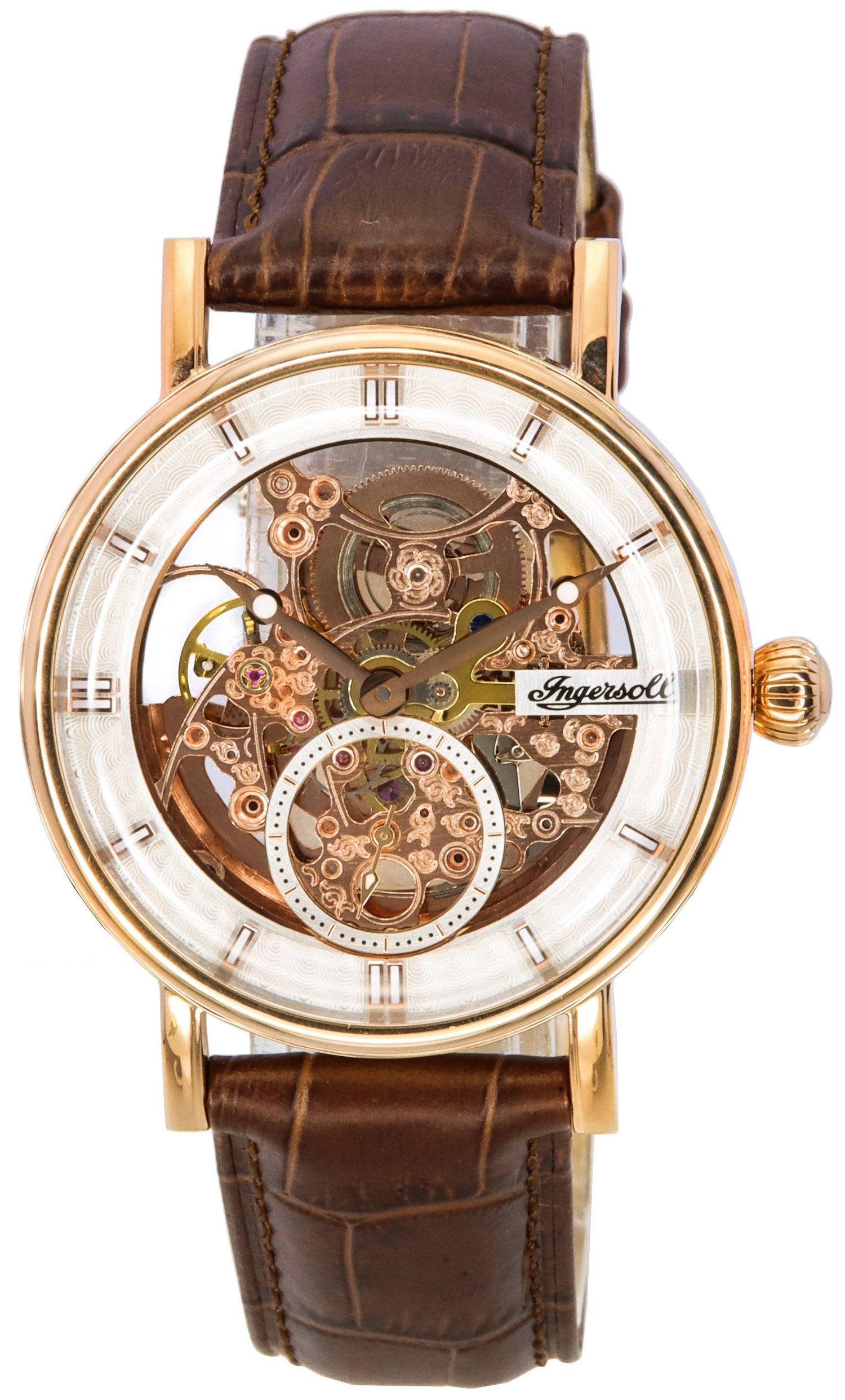 Ingersoll The Herald Leather Strap Rose Gold Skeleton Dial. A brand-new Ingersoll The Herald watch featuring a Gold Skeleton dial and a Leather strap. Side view.