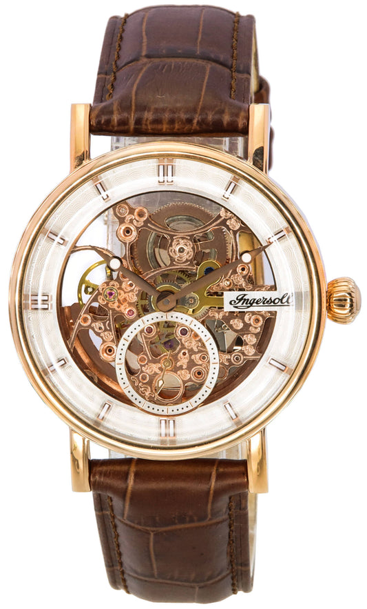 Ingersoll The Herald Leather Strap Rose Gold Skeleton Dial. A brand-new Ingersoll The Herald watch featuring a Gold Skeleton dial and a Leather strap. Side view.