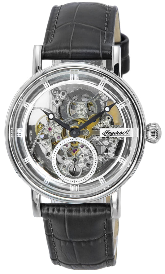 Ingersoll The Herald Leather Strap Silver Skeleton Dial. A brand-new Ingersoll The Herald watch featuring a Silver Skeleton dial and a Leather strap. Front view.