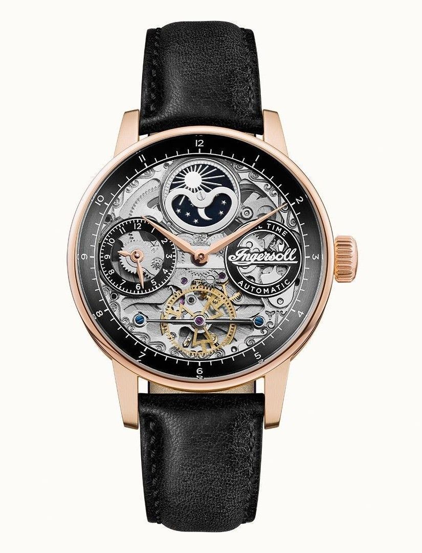 Ingersoll The Jazz Moon Phase Leather Strap Black Skeleton. A brand-new Ingersoll The Jazz watch featuring a Black Skeleton dial and a Leather strap. Side view.