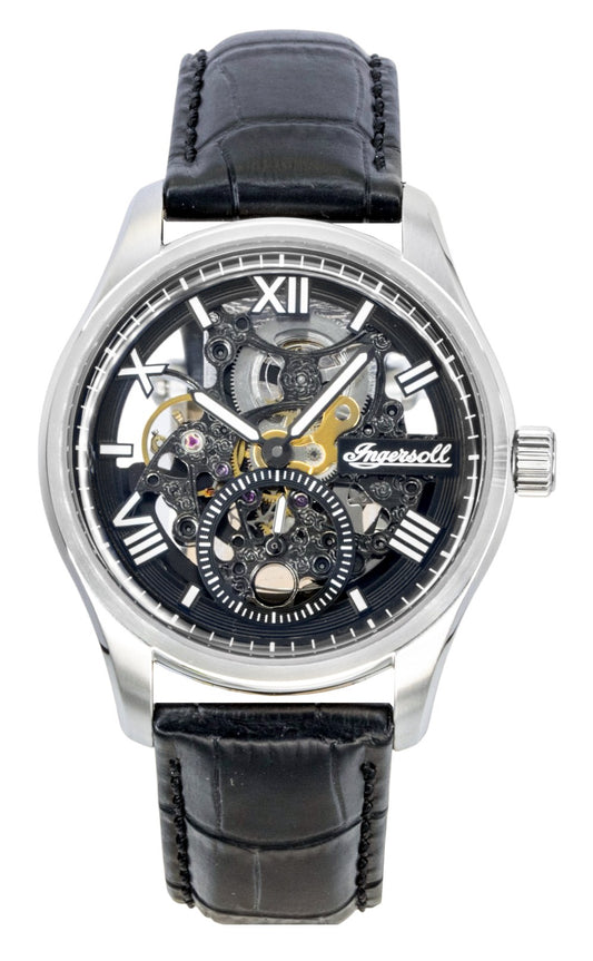 Ingersoll The Maverick Leather Strap Black Skeleton Dial. A brand-new Ingersoll watch featuring a Black Skeleton dial and a Leather strap. Front view.