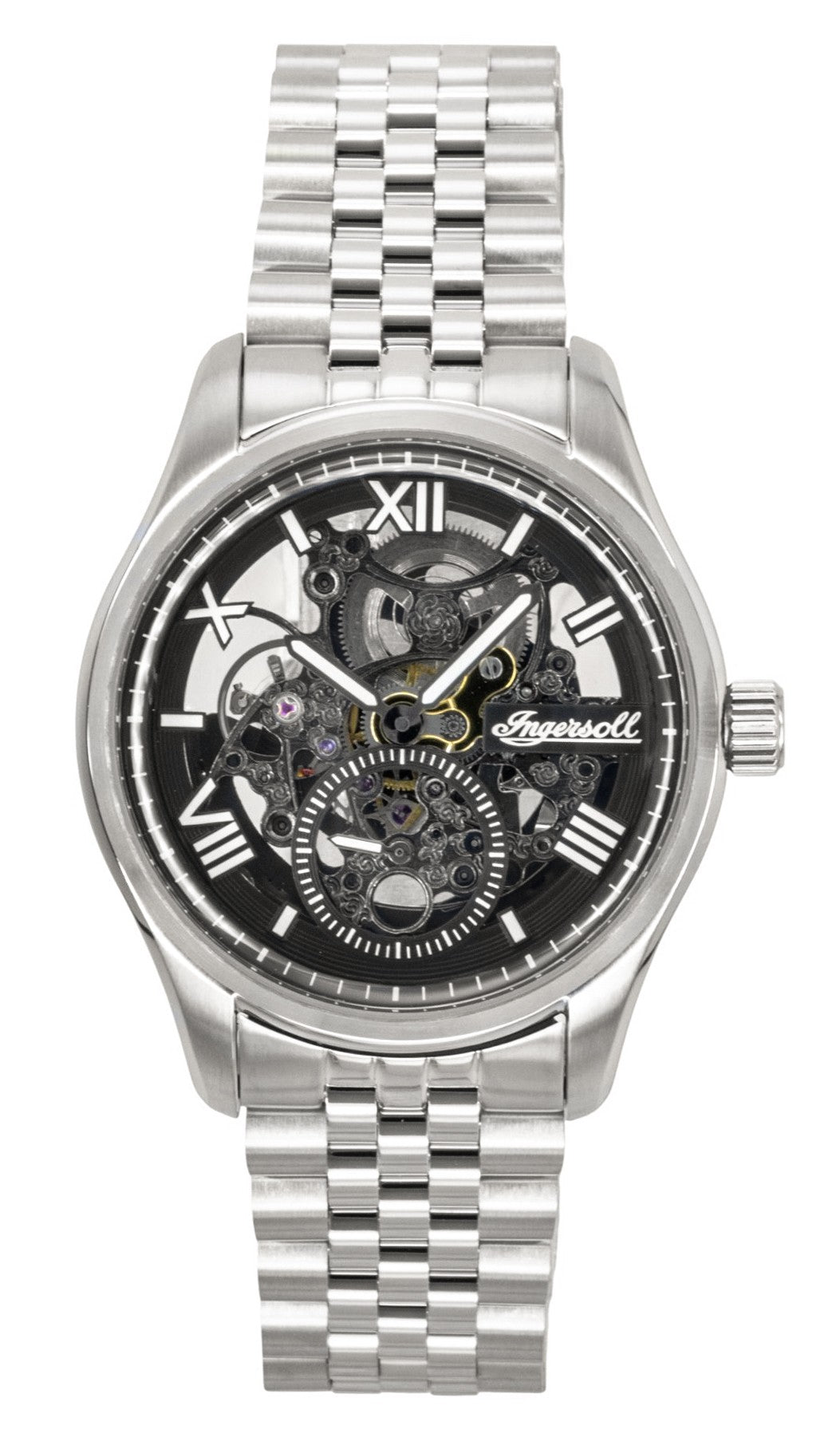 Ingersoll The Maverick Stainless Steel Black Skeleton Dial. A brand-new Ingersoll watch featuring a Black Skeleton dial and a Stainless steel strap. Angled view.