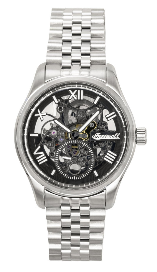 Ingersoll The Maverick Stainless Steel Black Skeleton Dial. A brand-new Ingersoll watch featuring a Black Skeleton dial and a Stainless steel strap. Angled view.