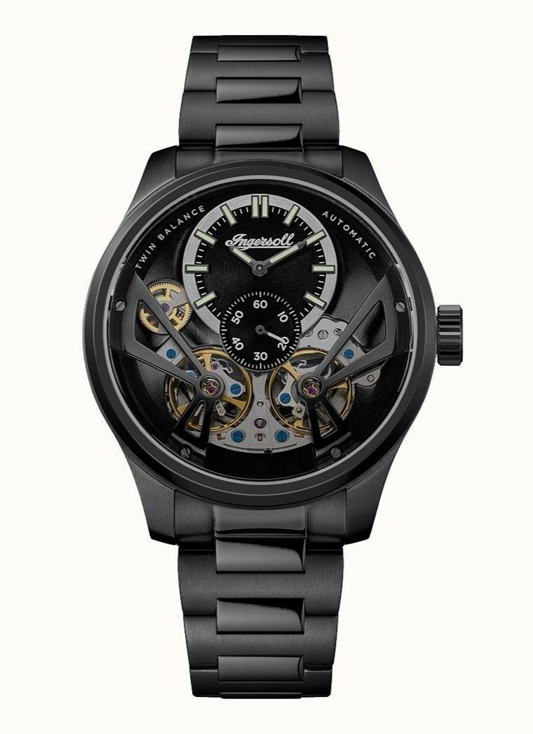 Ingersoll The Naismith Stainless Steel Black Skeleton Dial. A brand-new Ingersoll The Naismith watch featuring a Black Skeleton dial and a Stainless steel strap. Angled view.