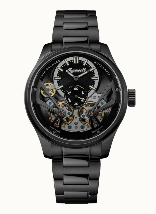 Ingersoll The Naismith Stainless Steel Black Skeleton Dial. A brand-new Ingersoll The Naismith watch featuring a Black Skeleton dial and a Stainless steel strap. Angled view.