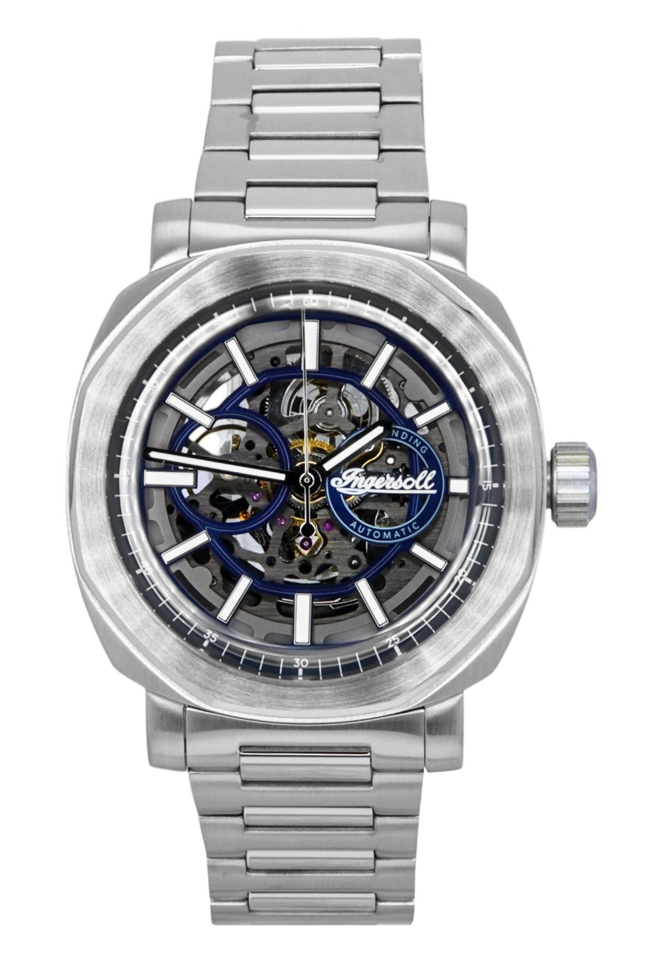 Ingersoll The Outrider Stainless Steel Grey Skeleton Dial. A brand-new Ingersoll The Outrider watch featuring a Grey Skeleton dial and a Stainless steel strap. Side view.