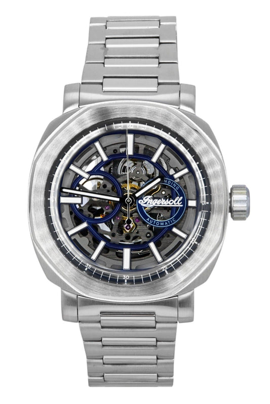 Ingersoll The Outrider Stainless Steel Grey Skeleton Dial. A brand-new Ingersoll The Outrider watch featuring a Grey Skeleton dial and a Stainless steel strap. Side view.