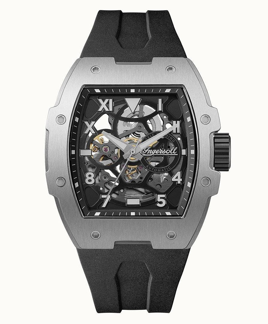 Ingersoll The Play Black Skeleton Dial Automatic. A brand-new Ingersoll The Play watch featuring a Black Skeleton dial. Front view.