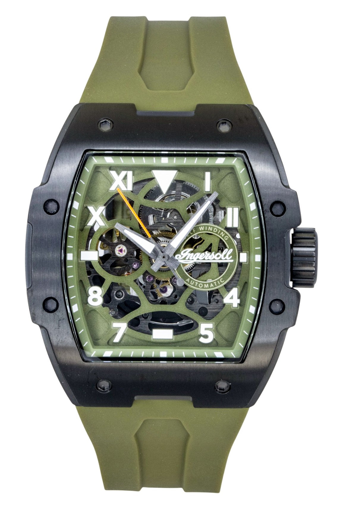 Ingersoll The Play Polyurethane Strap Green Skeleton Dial. A brand-new Ingersoll The Play watch featuring a Polyurethane (PU) strap. Angled view.