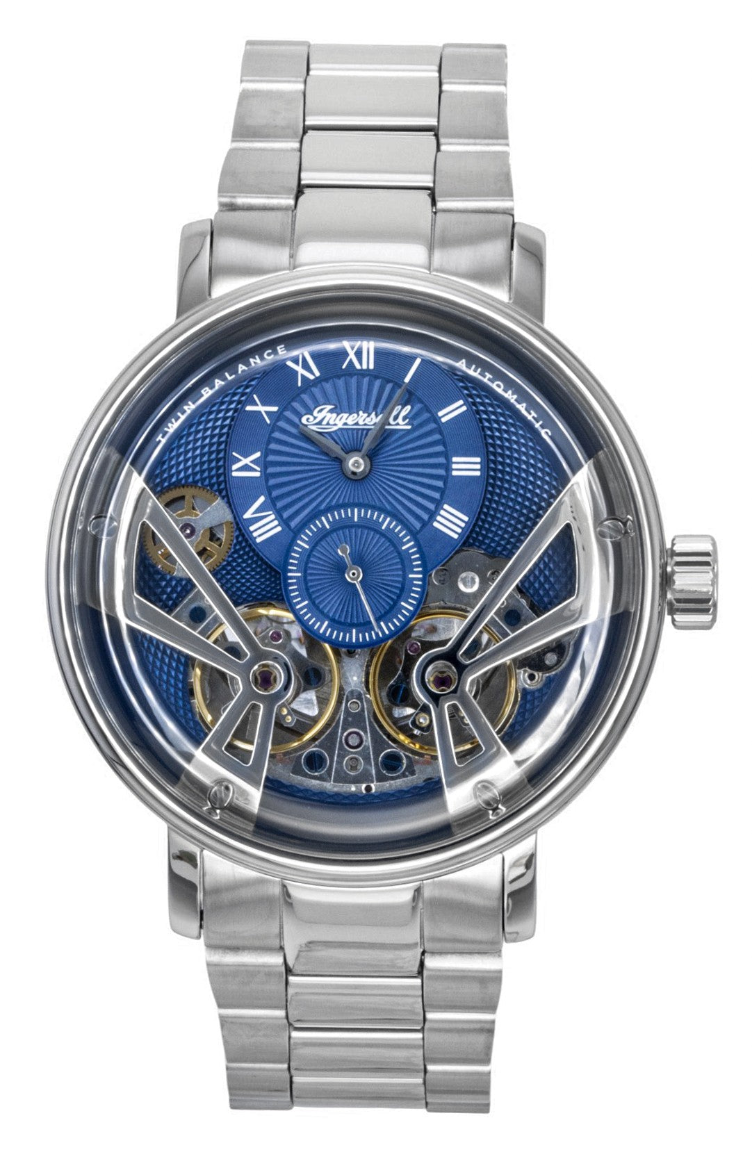 Ingersoll The Tennessee Stainless Steel Blue Skeleton Dial. A brand-new Ingersoll watch featuring a Stainless steel strap. Side view.
