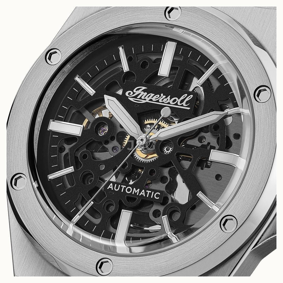 Ingersoll The Baller Automatic movement Black Skeleton Stainless steel Male I15002. A brand-new Ingersoll The Baller watch featuring a Black Skeleton dial and a Stainless steel strap. Angled view. - view 2