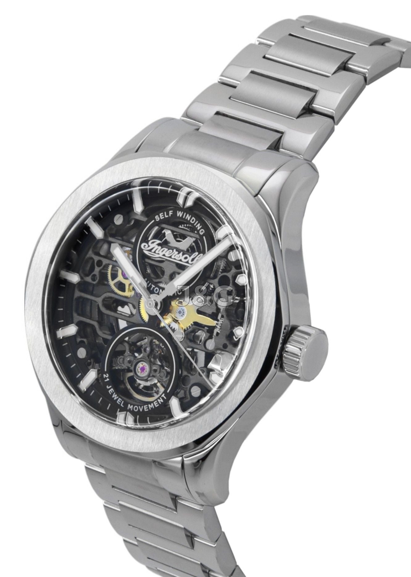 Ingersoll The Bronc Automatic movement Black Skeleton Stainless steel Male I16701. A brand-new Ingersoll The Bronc watch featuring a Black Skeleton dial and a Stainless steel strap. Front view. - view 3