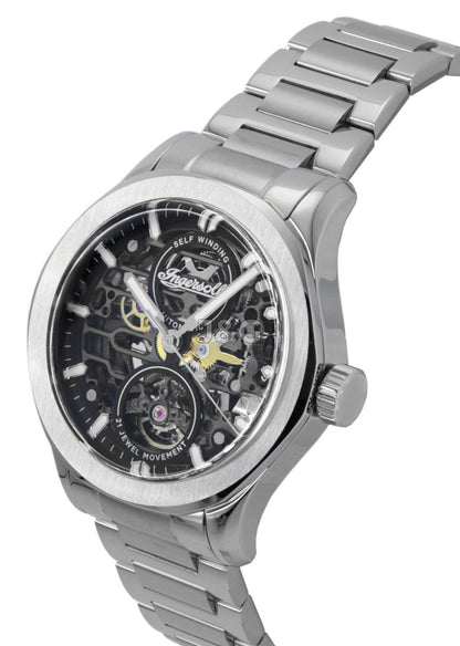 Ingersoll The Bronc Automatic movement Black Skeleton Stainless steel Male I16701. A brand-new Ingersoll The Bronc watch featuring a Black Skeleton dial and a Stainless steel strap. Front view. - view 3