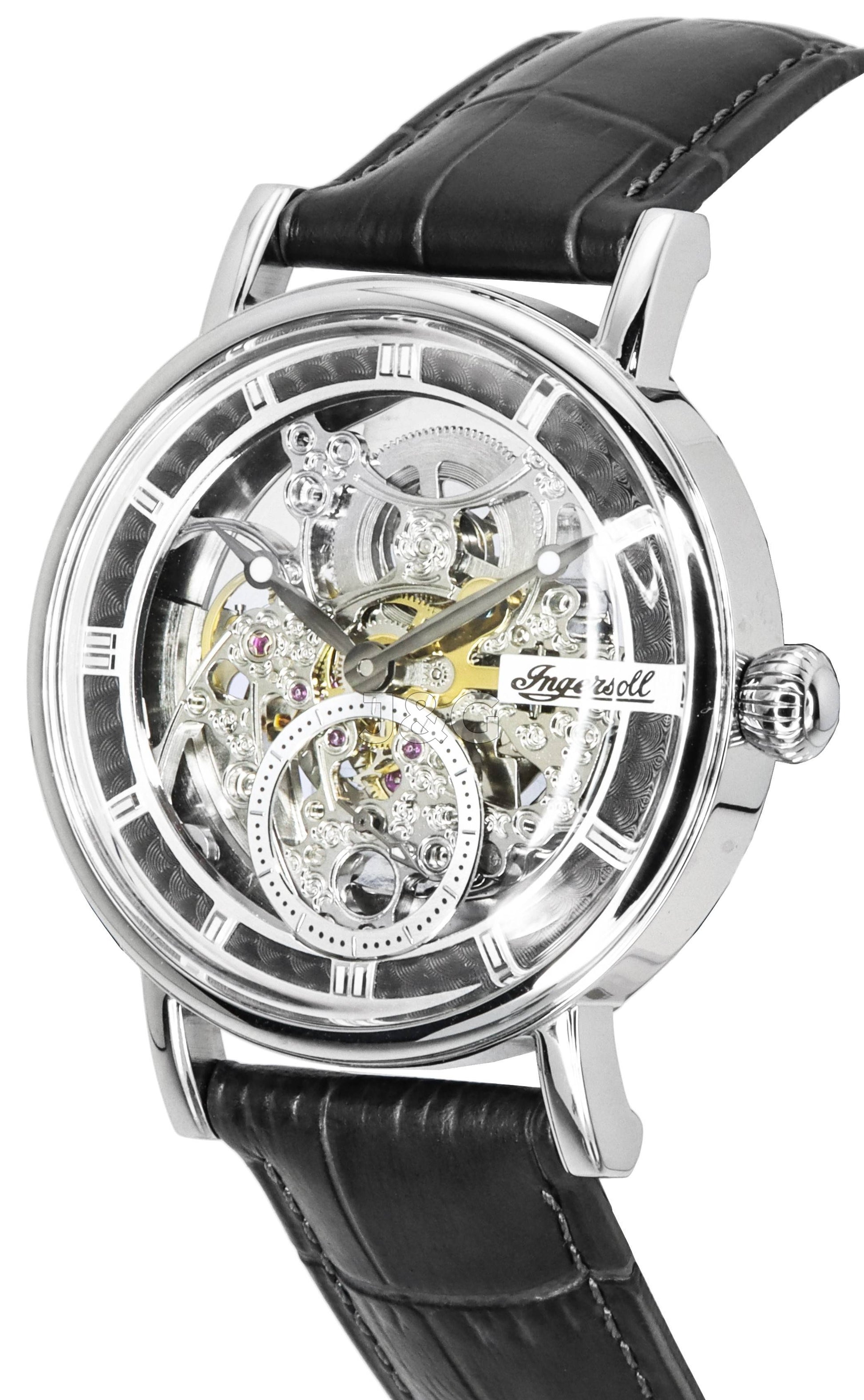 Ingersoll The Herald Automatic movement Silver Skeleton Leather Male I00402B. A brand-new Ingersoll The Herald watch featuring a Silver Skeleton dial and a Leather strap. Angled view. - view 3