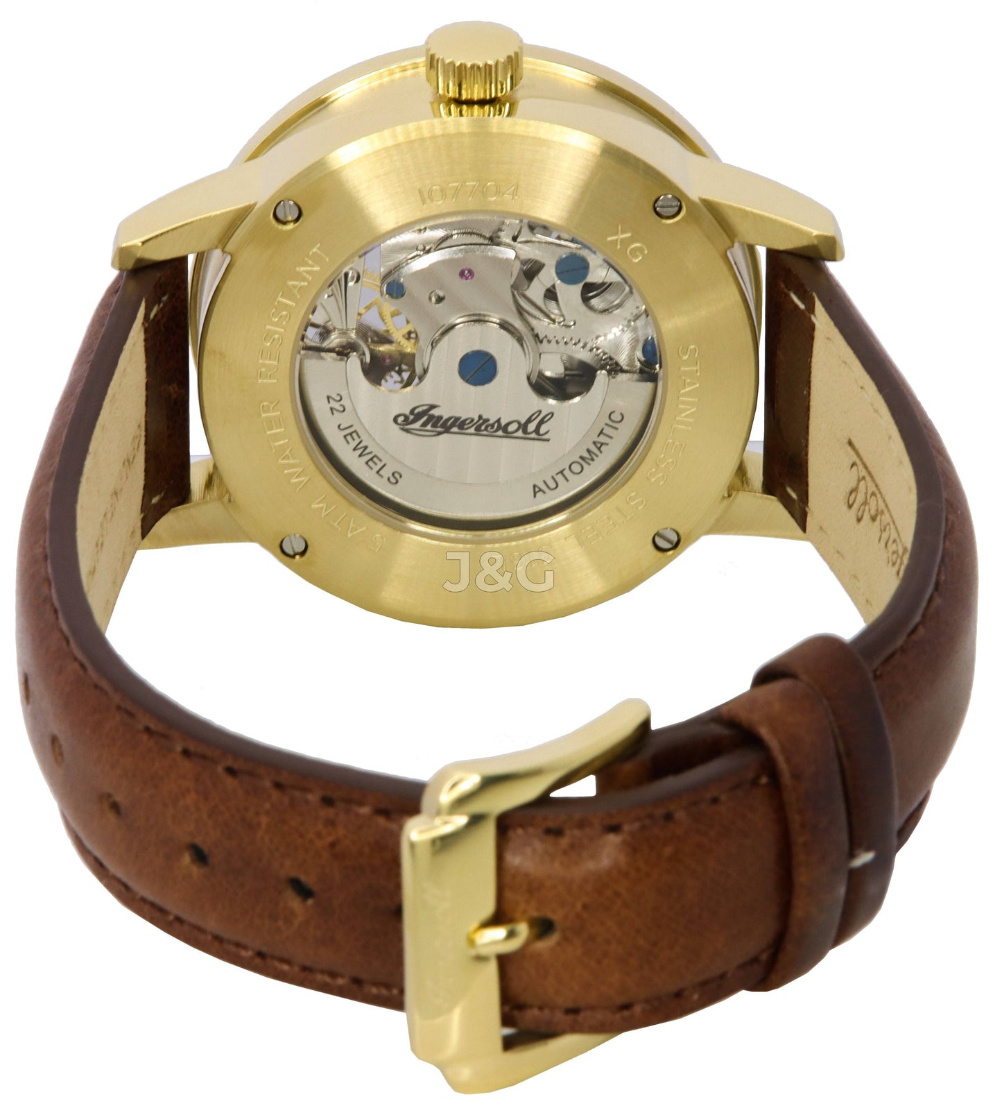 Ingersoll The Jazz Automatic movement Gold Leather Male I07704. A brand-new Ingersoll The Jazz watch featuring a Gold dial and a Leather strap. Front view. - view 3