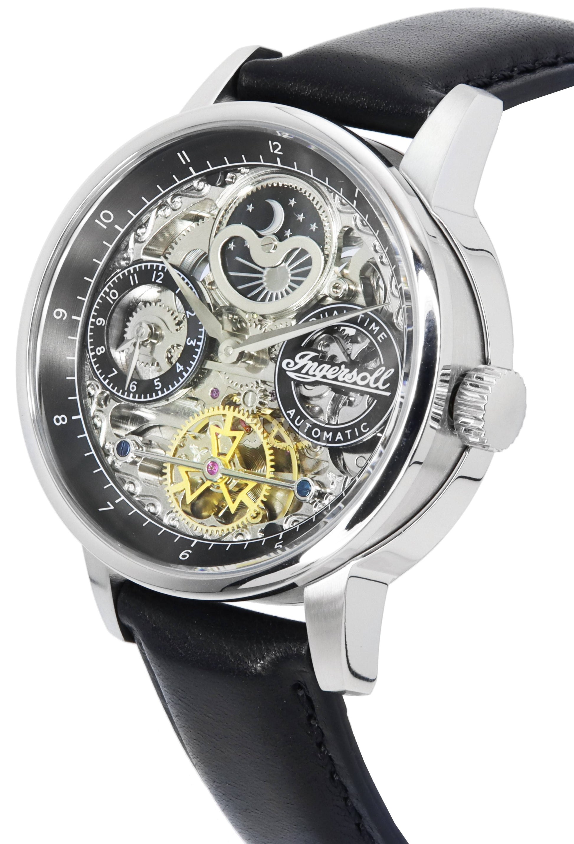 Ingersoll The Jazz Automatic movement Silver Leather Male I07701. A brand-new Ingersoll The Jazz watch featuring a Silver dial and a Leather strap. Angled view. - view 2