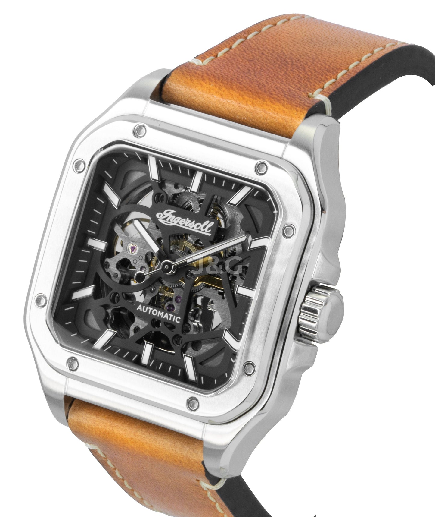 Ingersoll The Ollie Automatic movement Black Skeleton Leather Male I14503. A brand-new Ingersoll The Ollie watch featuring a Black Skeleton dial and a Leather strap. Side view. - view 3