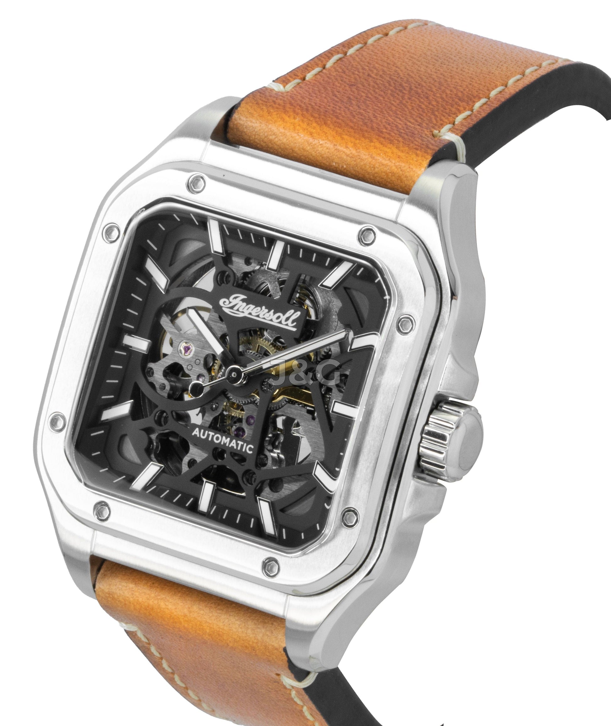 Ingersoll The Ollie Automatic movement Black Skeleton Leather Male I14503. A brand-new Ingersoll The Ollie watch featuring a Black Skeleton dial and a Leather strap. Side view. - view 3