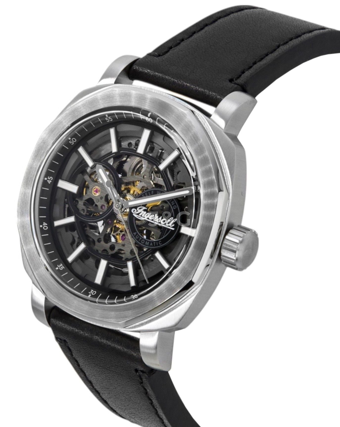 Ingersoll The Outrider Automatic movement Black Skeleton Leather Male I16401. A brand-new Ingersoll The Outrider watch featuring a Black Skeleton dial and a Leather strap. Front view. - view 3