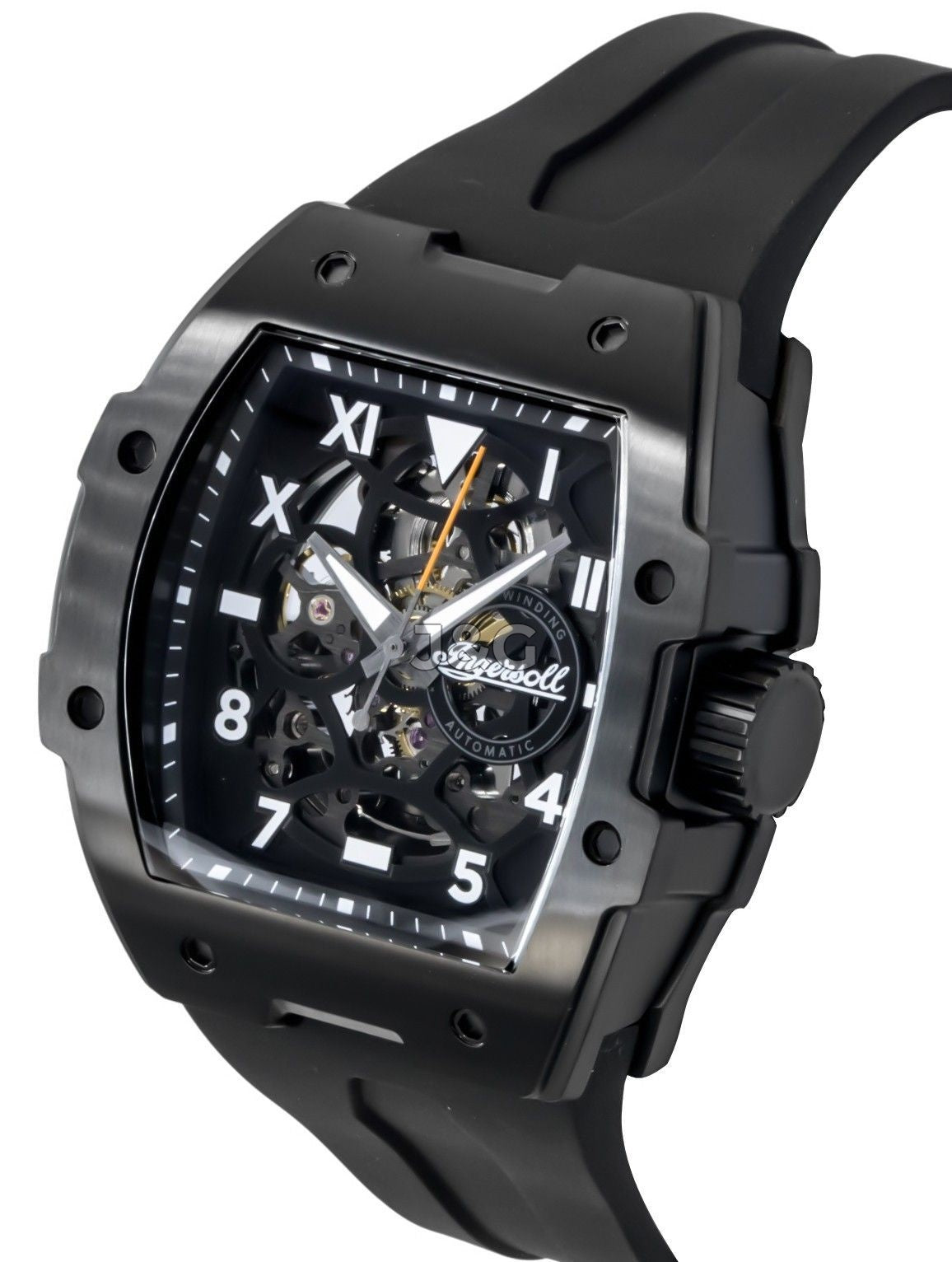 Ingersoll The Play Automatic movement Black Skeleton Polyurethane (PU) Male I15302. A brand-new Ingersoll The Play watch featuring a Black Skeleton dial and a Polyurethane (PU) strap. Angled view. - view 3