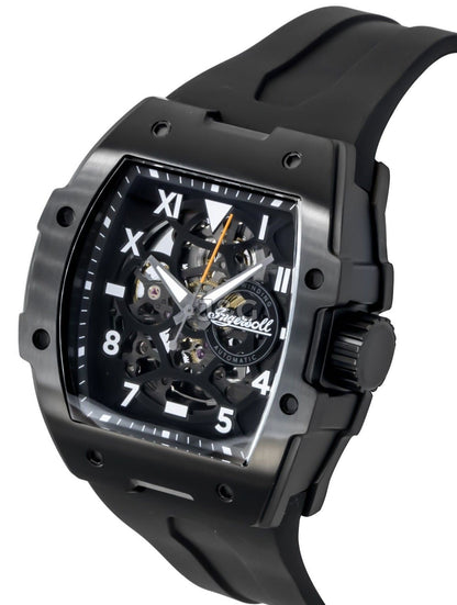 Ingersoll The Play Automatic movement Black Skeleton Polyurethane (PU) Male I15302. A brand-new Ingersoll The Play watch featuring a Black Skeleton dial and a Polyurethane (PU) strap. Angled view. - view 3