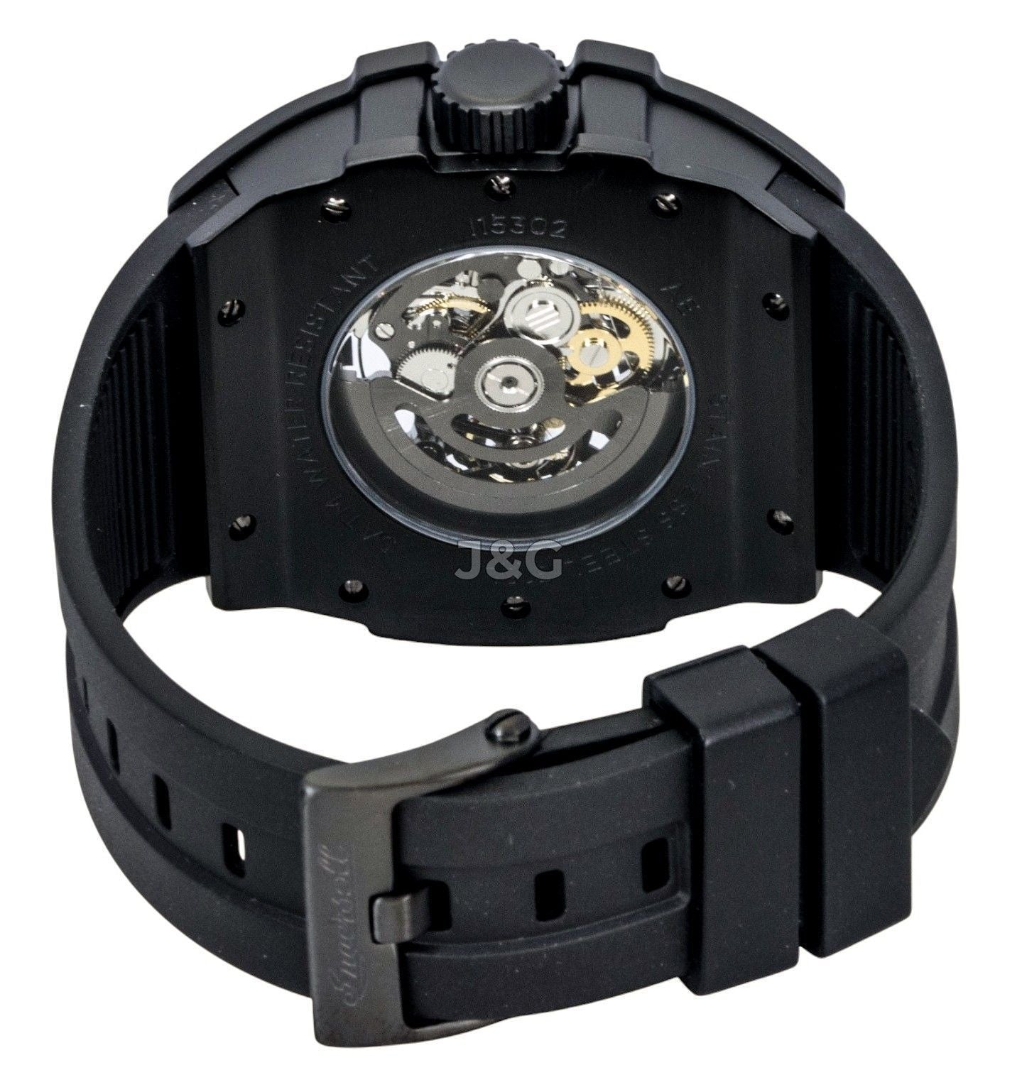 Ingersoll The Play Automatic movement Black Skeleton Polyurethane (PU) Male I15302. A brand-new Ingersoll The Play watch featuring a Black Skeleton dial and a Polyurethane (PU) strap. Angled view. - view 4