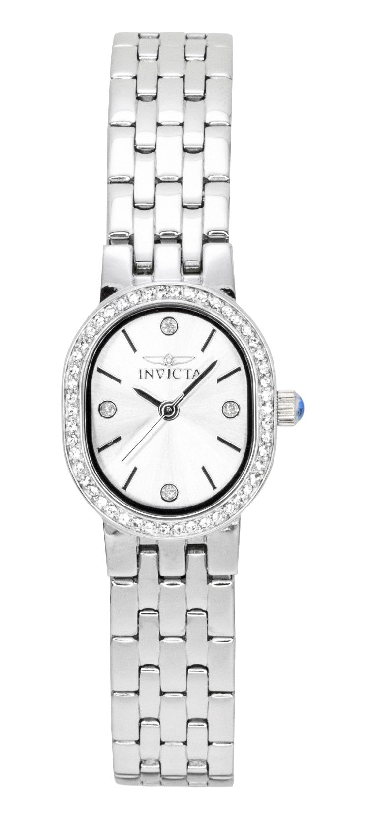 Invicta Angel Crystal Accents Stainless Steel Silver Dial. A brand-new Invicta Angel watch featuring a Silver dial and a Stainless steel strap. Angled view.