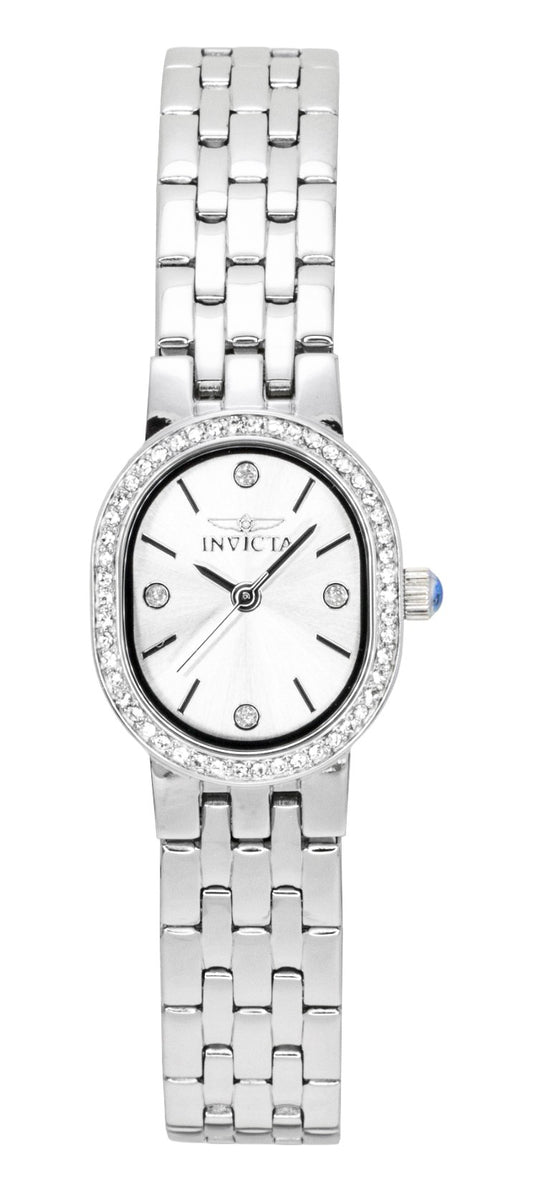 Invicta Angel Crystal Accents Stainless Steel Silver Dial. A brand-new Invicta Angel watch featuring a Silver dial and a Stainless steel strap. Angled view.