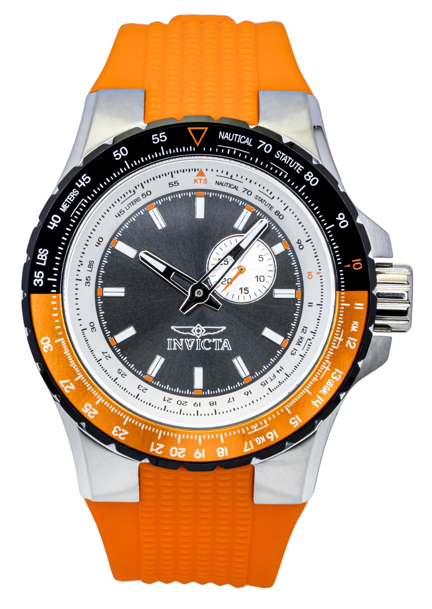 Invicta Aviator Orange Silicone Strap Gunmetal Dial Quartz. A brand-new Invicta watch featuring a Silicone strap. Front view.