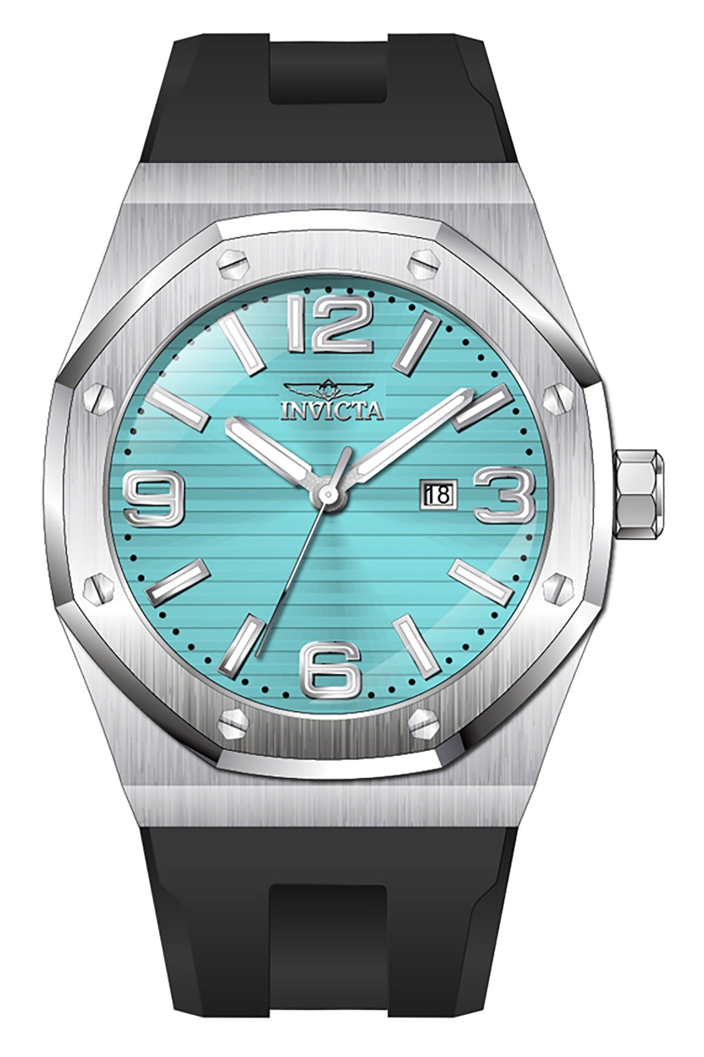 Invicta Huracan Silicone Strap Turquoise Dial Quartz 45773. A brand-new Invicta Huracan watch featuring a Turquoise dial and a Silicone strap. Angled view.