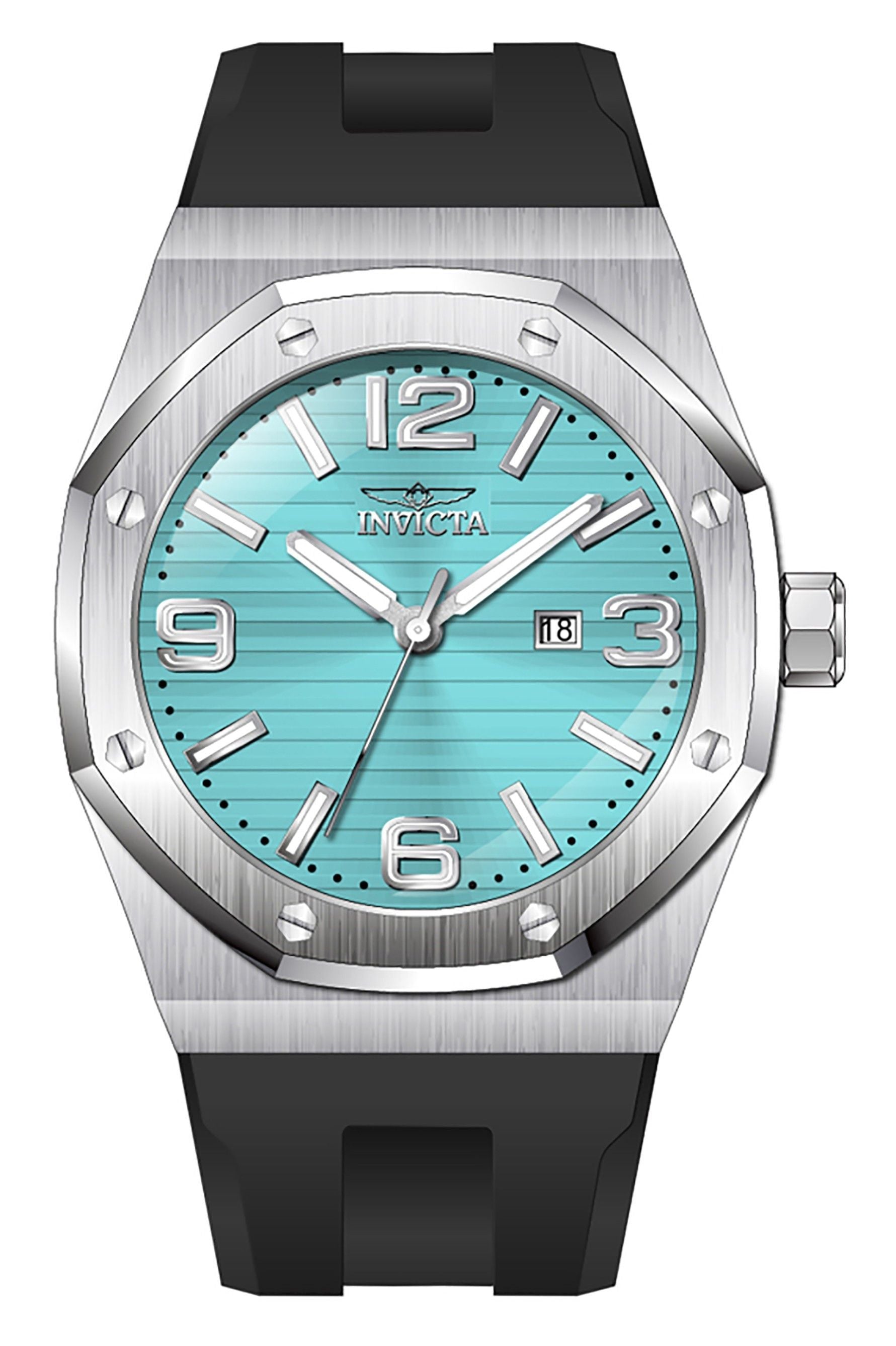 Invicta Huracan Silicone Strap Turquoise Dial Quartz 45773. A brand-new Invicta Huracan watch featuring a Turquoise dial and a Silicone strap. Angled view.