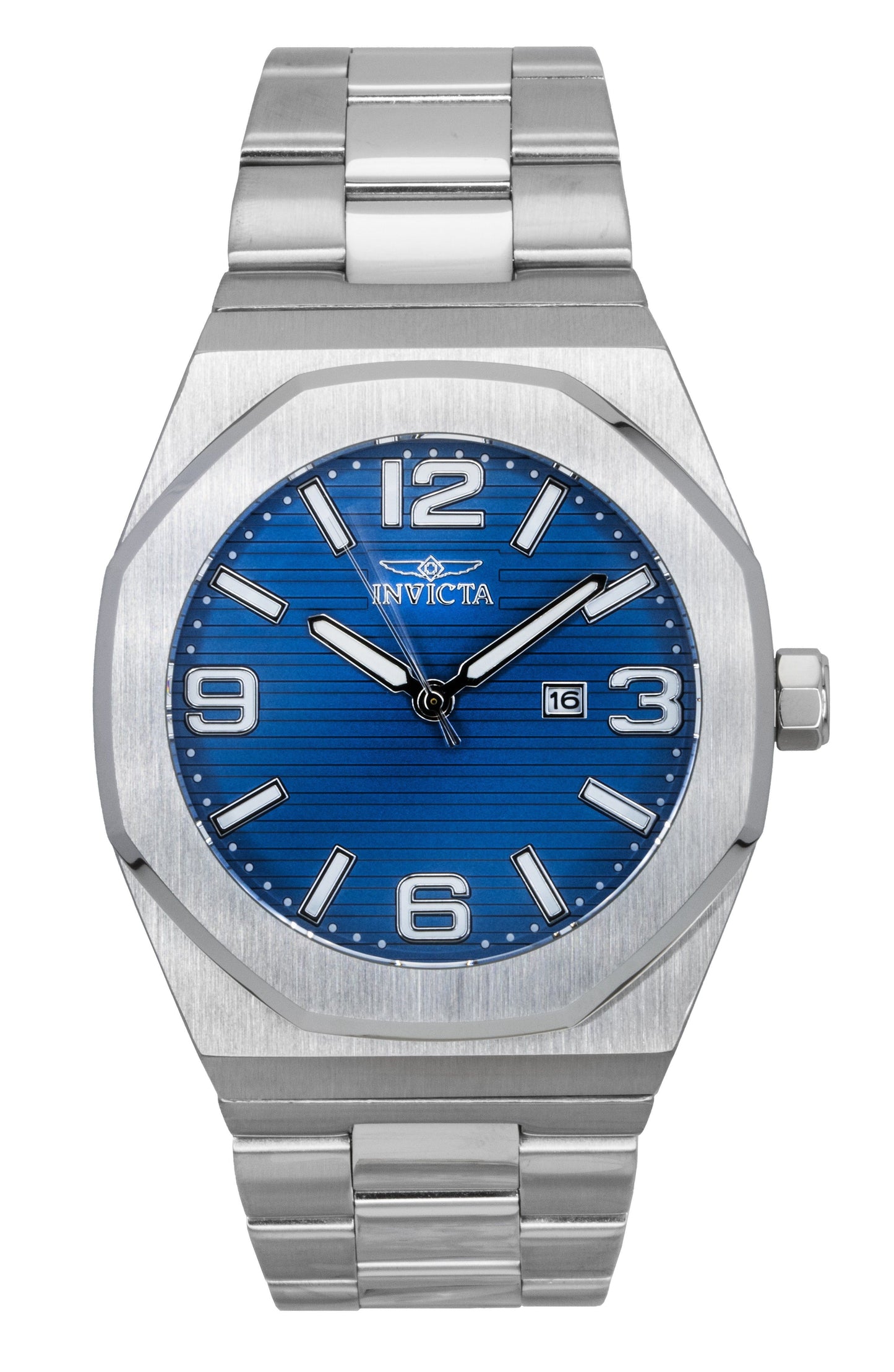 Invicta Huracan Stainless Steel Blue Dial Quartz 45778 100M. A brand-new Invicta Huracan watch featuring a Blue dial and a Stainless steel strap. Angled view.