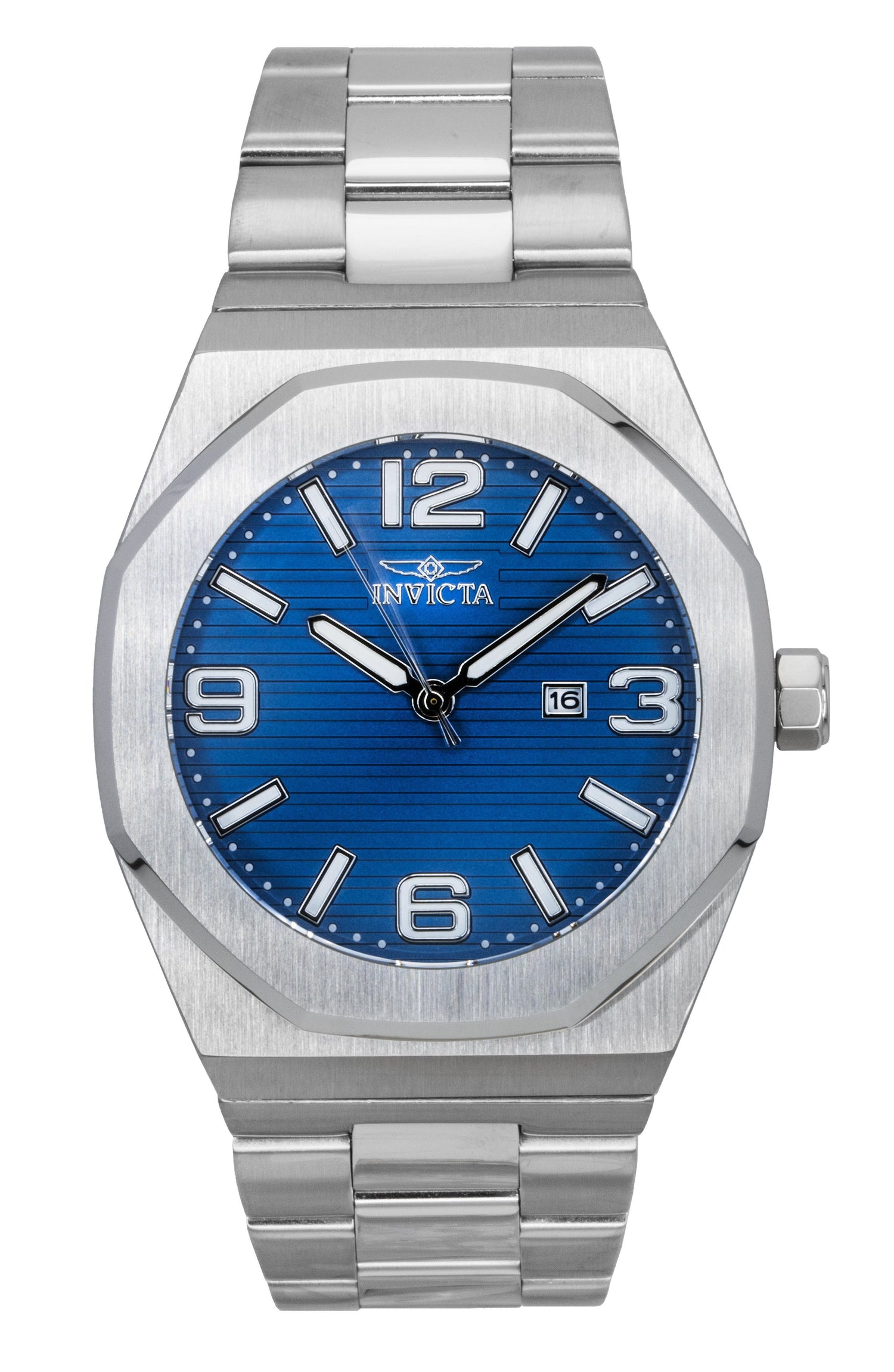 Invicta Huracan Stainless Steel Blue Dial Quartz 45778 100M. A brand-new Invicta Huracan watch featuring a Blue dial and a Stainless steel strap. Angled view.