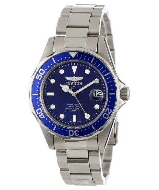 Invicta Pro Diver 200M Quartz Blue Dial 9204 Water Resistant. A brand-new Invicta Pro Diver watch featuring a Blue dial and a Stainless steel strap. Angled view.