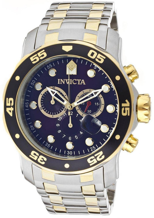 Invicta Pro-Diver Chronograph Blue Dial 0077 Water Resistant. A brand-new Invicta watch featuring a Blue dial and a Stainless steel strap. Front view.