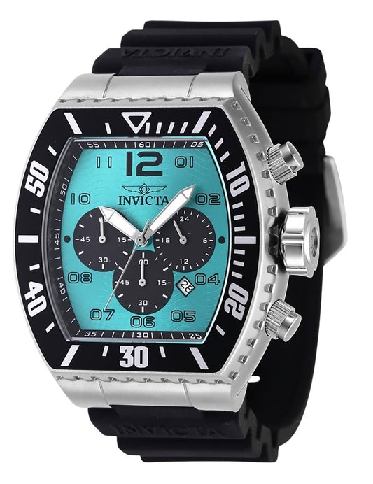Invicta Pro Diver Chronograph Silicone Strap Turquoise Dial. A brand-new Invicta Pro Diver watch featuring a Turquoise dial and a Silicone strap. Angled view.