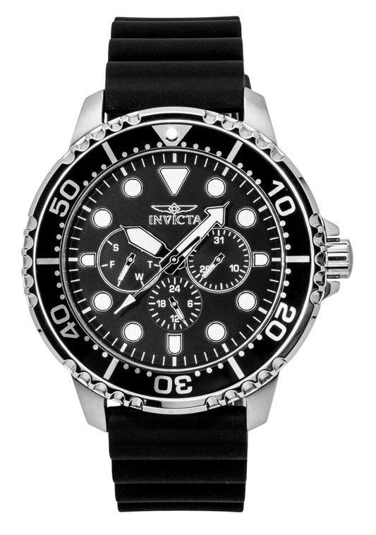 Invicta Pro Diver GMT Silicone Strap Black Dial Quartz 47234. A brand-new Invicta Pro Diver watch featuring a Black dial and a Silicone strap. Front view.