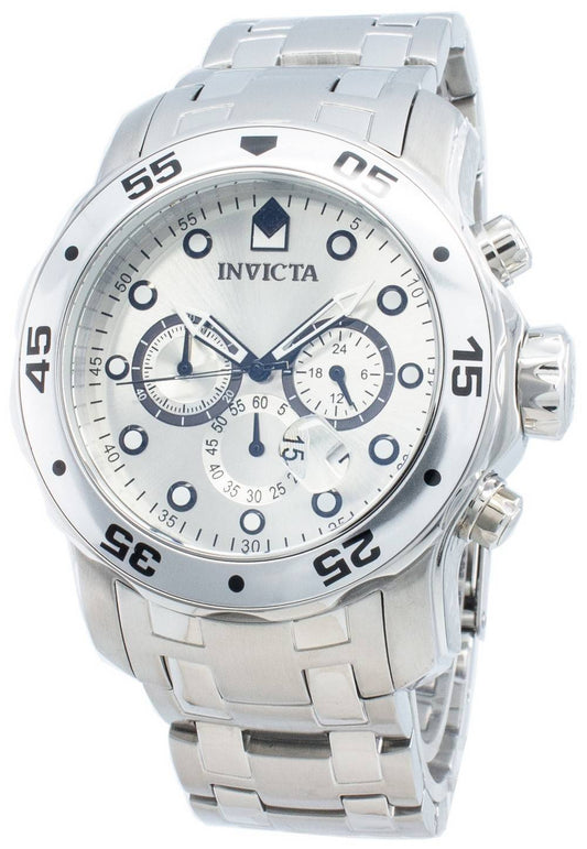 Invicta Pro-Diver Quartz Chronograph Silver Dial 0071. A brand-new Invicta watch featuring a Silver dial and a Stainless steel strap. Front view.