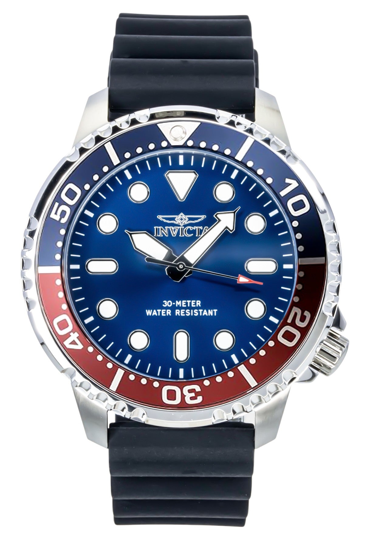 Invicta Pro Diver Silicone Strap Blue Dial Pepsi Bezel. A brand-new Invicta Pro Diver watch featuring a Blue dial and a Silicone strap. Side view.