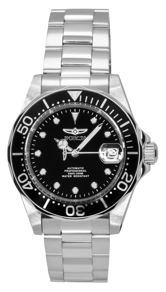 Invicta Pro Diver Stainless Steel Black Dial Automatic. A brand-new Invicta Pro Diver watch featuring a Black dial and a Stainless steel strap. Angled view.